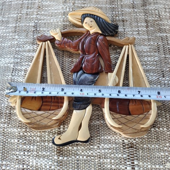Wood Intarsia Mosaic Wooden Plaque Vintage Asian Wall hanging 8.5" - Picture 8 of 9